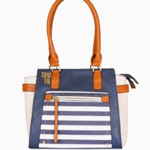 Navy Blue Striped Tote Bag with Tan Trims
