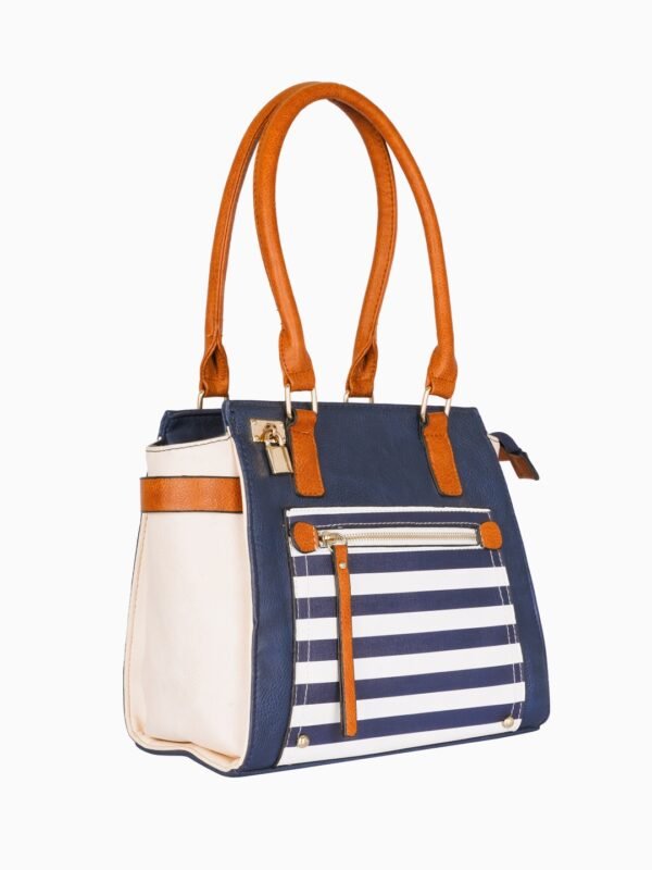 Navy Blue Striped Tote Bag with Tan Trims - Image 3